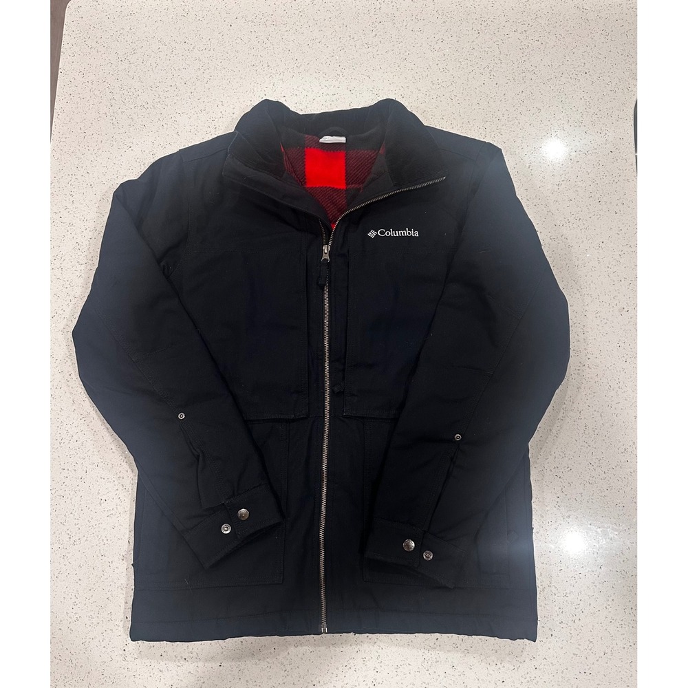 Columbia Mens Black Canvas Work Jacket Red Buffalo Plaid Fleece Lined Small